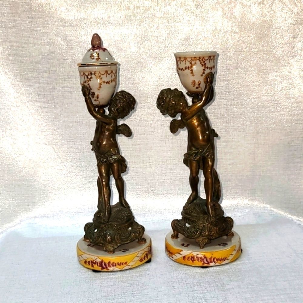 Pair Of Vintage Beautiful Bronze Signed Asian Cherub Sculptures